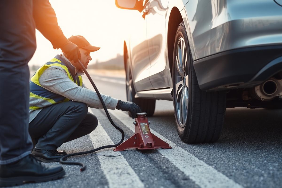 Roadside technician changing a flat tire on a car