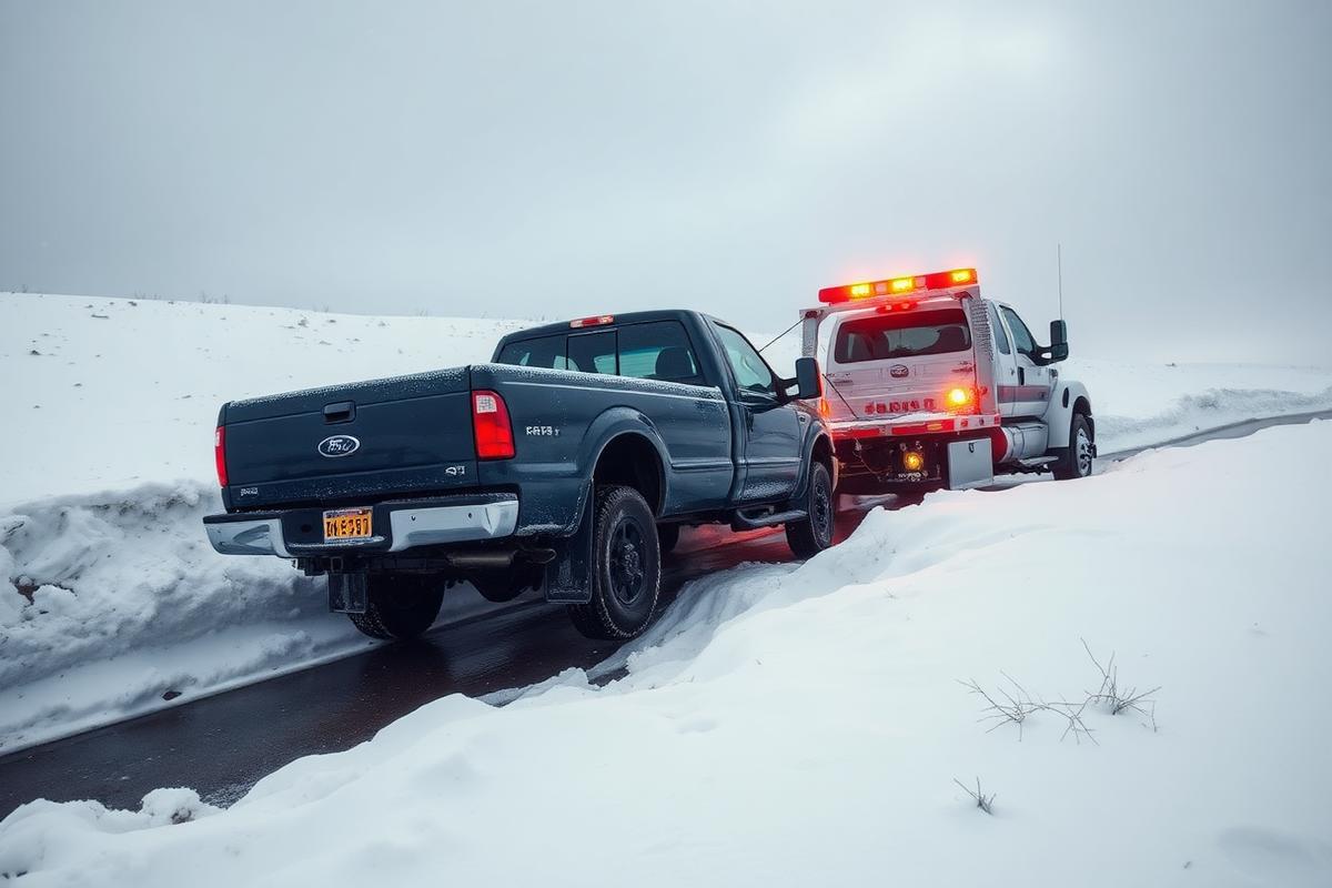 Wrecker winching a pickup truck out of a snowy ditch